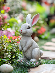 A cute bunny statue sits amongst colorful garden flowers and a stone walkway adding charm and whimsy.