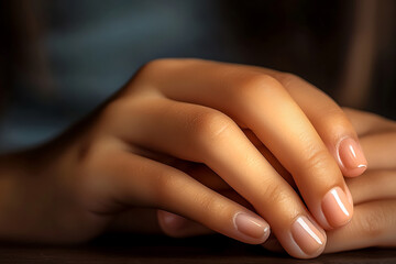 Woman's manicured hands resting gently bathed in soft light showcasing a serene and elegant pose.