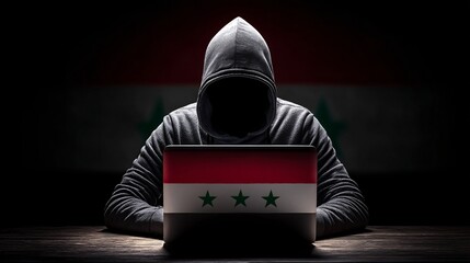 Hacker with Laptop and Syrian Flag Background