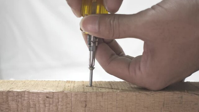 The screw is screwed into the wood board with a Stubby Screwdriver. Classic Stubby Screwdriver