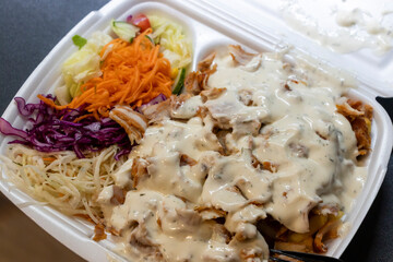 Delicious platter of kebab with fresh vegetables, including shredded cabbage, carrots, and lettuce, topped with creamy sauce, served in a takeaway container.