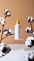 White cosmetic bottle with pump: a detailed photograph of a white plastic bottle with a yellow pump dispenser placed on a clear pedestal among cotton branches on a beige background.