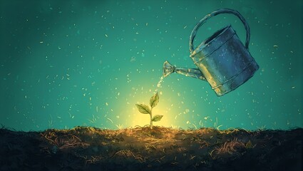 Conceptual image of a glowing watering can nurturing a sprout in dark soil symbolizing growth and enlightenment