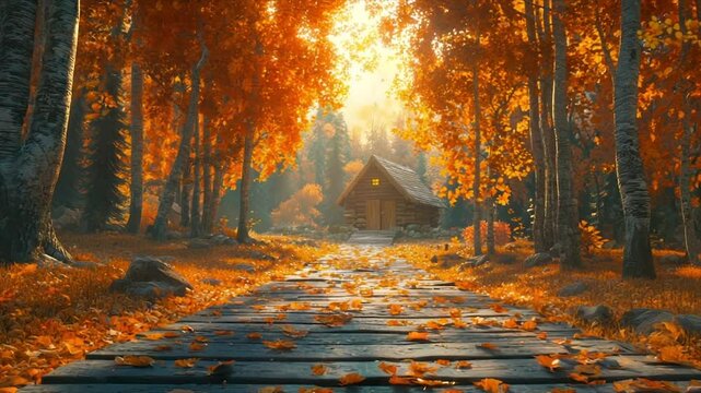 Autumnal forest path leading to a rustic cabin. Sunlight streams through the vibrant fall foliage
