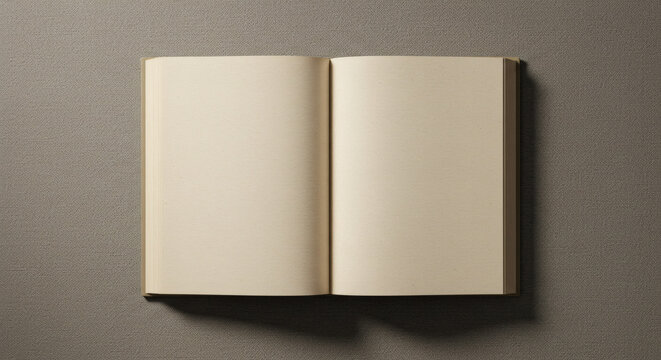 Open blank book with cream pages lying flat on a gray surface in a simple studio shot view from above
