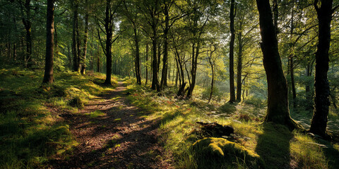 Naklejka premium Sunlit forest path, winding through lush green foliage and tall trees, casting dappled shadows, showcasing tranquility and natural beauty, ideal for nature or travel themes