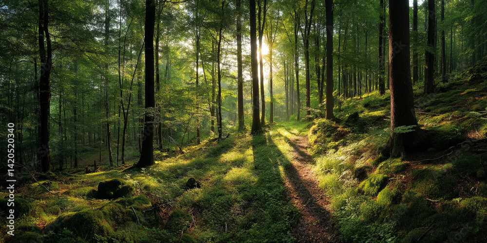 Poster Sunlit path through a lush green forest, sunlight filtering through the trees, creating dappled shadows on the mossy ground, showcasing nature's tranquility