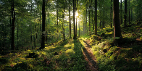 Obraz premium Sunlit path through a lush green forest, sunlight filtering through the trees, creating dappled shadows on the mossy ground, showcasing nature's tranquility