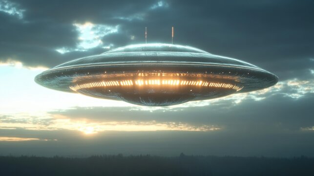 UFO hovering over the landscape at sunset with bright lights emanating from the bottom of the alien spacecraft