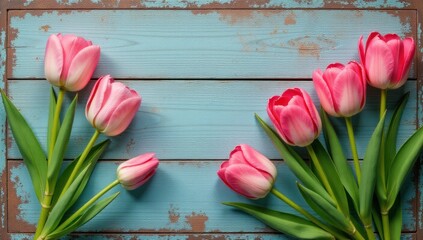 Delicate Pink Tulips on Rustic Blue Wood with Copy Space. Ideal for spring themed websites with space for text, delicate greeting cards with personalized messages