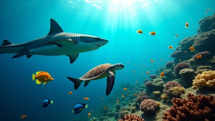 Fototapeta premium Stunning Underwater Coral Reef with Sharks and Turtles