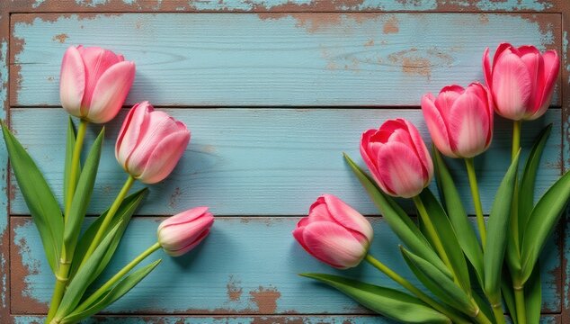Delicate Pink Tulips on Rustic Blue Wood with Copy Space. Ideal for spring themed websites with space for text, delicate greeting cards with personalized messages
