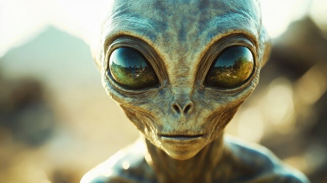 Alien humanoid creature gazes with reflective eyes, detailed skin texture, otherworldly being