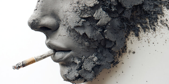Grey, crumbling face profile smoking cigarette, symbolic of self-destruction, decay, and the harmful effects of smoking. Powerful anti-smoking image