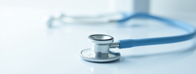 Teal Stethoscope on Light Blue Surface - Medical Examination. Ideal for healthcare websites, medical advertisements, doctor's office graphics, health and wellness blogs