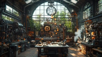 Grand steampunk workshop filled with intricate machinery, clocks, and greenery. Sunlight streams through large windows - Powered by Adobe