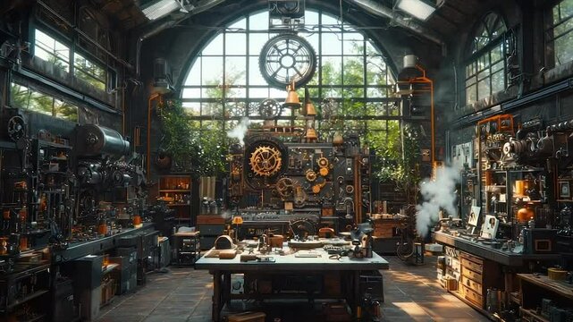 Grand steampunk workshop filled with intricate machinery, clocks, and greenery. Sunlight streams through large windows
