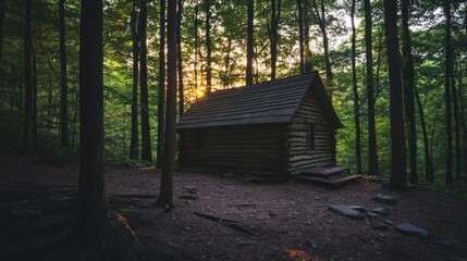 Rustic wooden cabin nestled within a dense forest at sunset.
