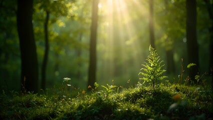 Obraz premium Lush forest scene with sunbeams illuminating small fern symbolizing growth in supportive environment