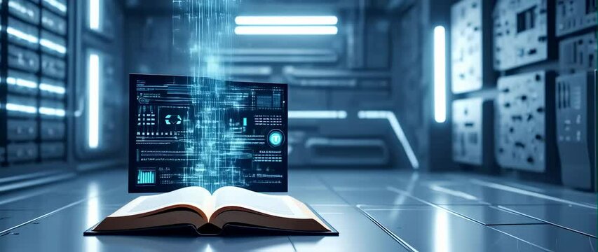 Anamorphic video of Future technology open book animation, AI deep learning computer machine