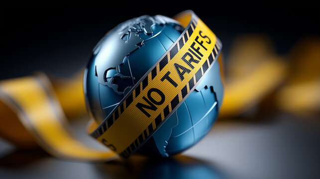 Nahaufnahme einer blauen Glaskugel mit Aufschrift "NO TARIFFS" vor einem Globus. Symbol f&uuml;r globalen Zollkrieg