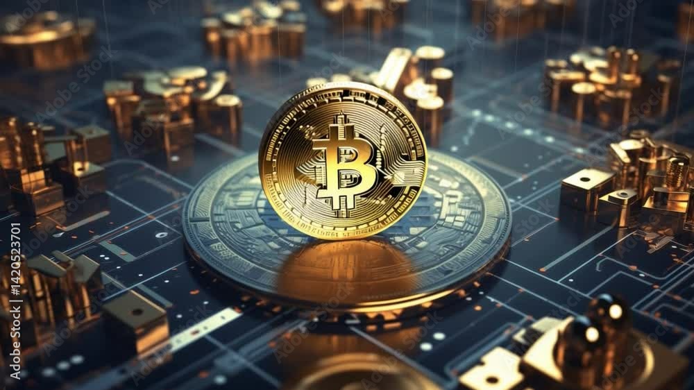 Poster Bitcoin's Digital Gold: A close-up shot of a shimmering golden Bitcoin coin, set against a backdrop of intricate digital circuitry. This image captures the essence of digital currency.