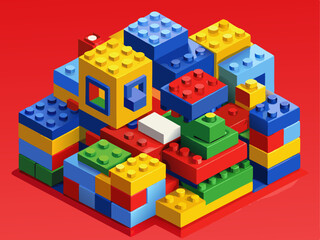 Obraz premium A professional vector of plastic construction blocks in primary colors, placed on a solid red background