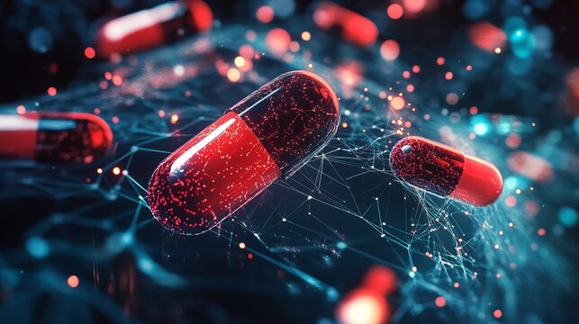 Red Medical Capsules Futuristic Technology Digital Art Network Medicine Healthcare Science Pharmaceutical Innovation Pills Abstract Background Modern Design Graphic Element Illustration drug cure data
