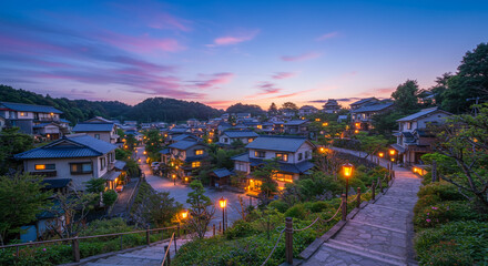 Fototapeta premium Twilight Glow in a Serene Japanese Village