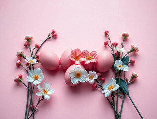 Easter eggs and flowers are arranged on a textured pink background.