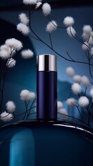 Dark blue cosmetic bottle with silver cap: a detailed photograph of an elegant dark blue bottle with a silver cap surrounded by cotton branches on a dark blue background.