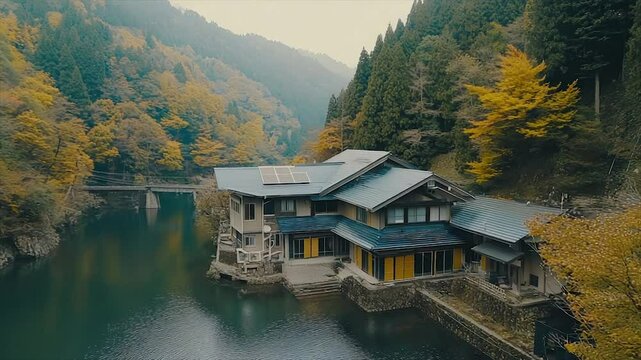 Autumnal mountain lodge by a serene lake.  A tranquil, wooden chalet nestled amongst autumn foliage, reflecting on the calm water of a mountain lake