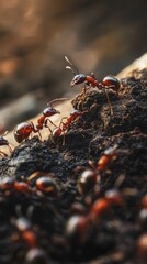 Colony of Ants Crawling on Dirt Mound: Close-Up Macro View of Red Ants, Insect Behavior, and Detailed Natural Habitat