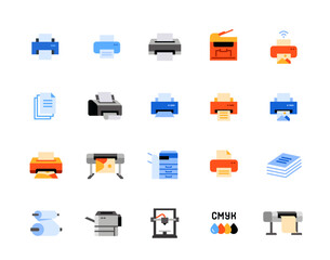 Printer icon set. Colorful signs with scanner, document copying equipment, 3D printer and laser for engraving. Design element for app. Flat vector illustration collection isolated on background