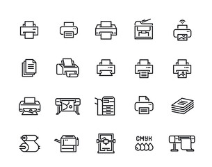 Printer line icon set. Simple symbols with scanner, document copying equipment, 3D printer and laser for engraving. Editable stroke. Outline vector illustration collection isolated on background