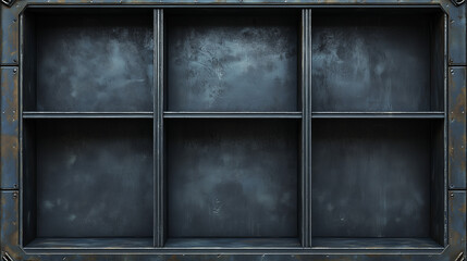 Naklejka premium Empty six-compartment metal shelf with a distressed industrial texture and aged steel finish, viewed straight-on