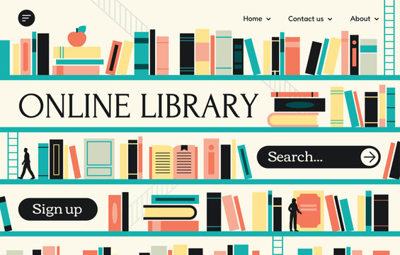 Online Library Website. Landing page template with little people walking on big bookshelves in library and looking for books or literature to read. Digital Bookstore. Flat vector illustration