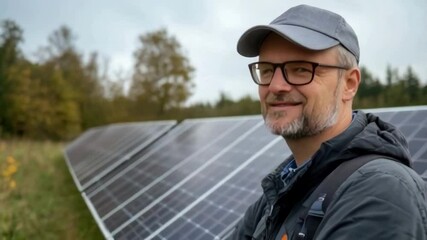 A man wearing a hat and glasses is smiling in front of a row of solar panels. Concept of positivity and environmental awareness, as the man is likely promoting the use of solar energy