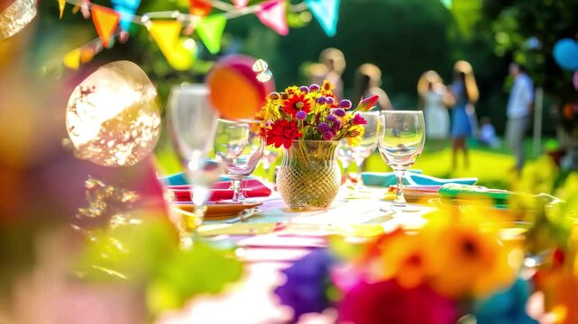 Outdoor garden party table setting with flowers, glasses, and decorations for summer celebration event. Festive background video 4k.