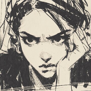 Expressive Young Woman Portrait in Black and White Ink Sketch