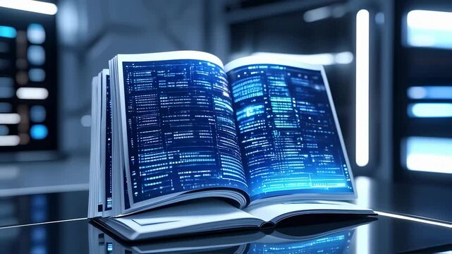 Future technology open book animation, AI deep learning computer machine 