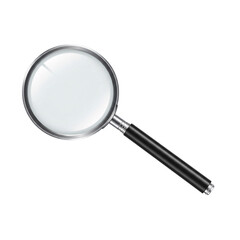 Magnifying glass with a black handle, symbolizing focus, inspection, and discovery, isolated on white background.

