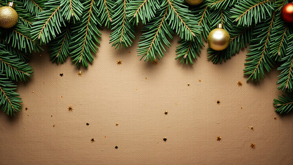 Festive Christmas greenery with golden ornaments and confetti on a warm brown background creating a joyful holiday scene.