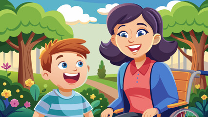 Happy boy with disability smiling with his mother in a wheelchair at the park - cerebral palsy concept