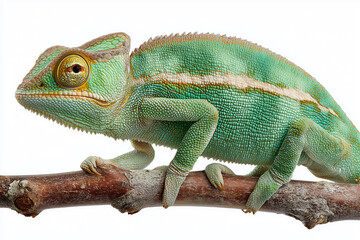 Fototapeta premium Chameleon transitions between hues while perched on a slender branch