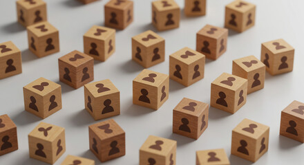 Wooden blocks represent a team collaboration and networking Soft lighting neutral background