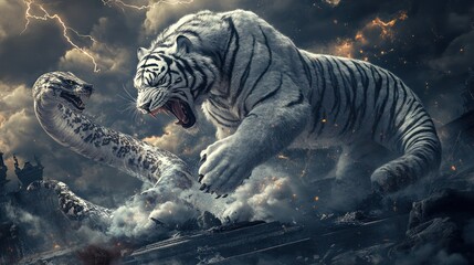 White tiger vs. cobra, epic battle, stormy sky, fantasy art, stock photo