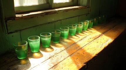 Green liquids in a row on windowsill