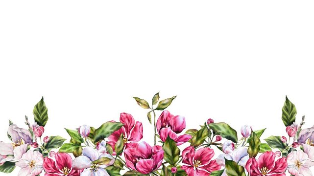 Elegant watercolor frame lamination with apple blossom branches, pink flowers green leaves on a black background. Perfect for greeting cards, wedding invitations, and floral-themed design templates.