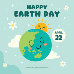 Fototapeta premium Happy Earth Day with Cute Smiling Earth and Sun, vector Illustration